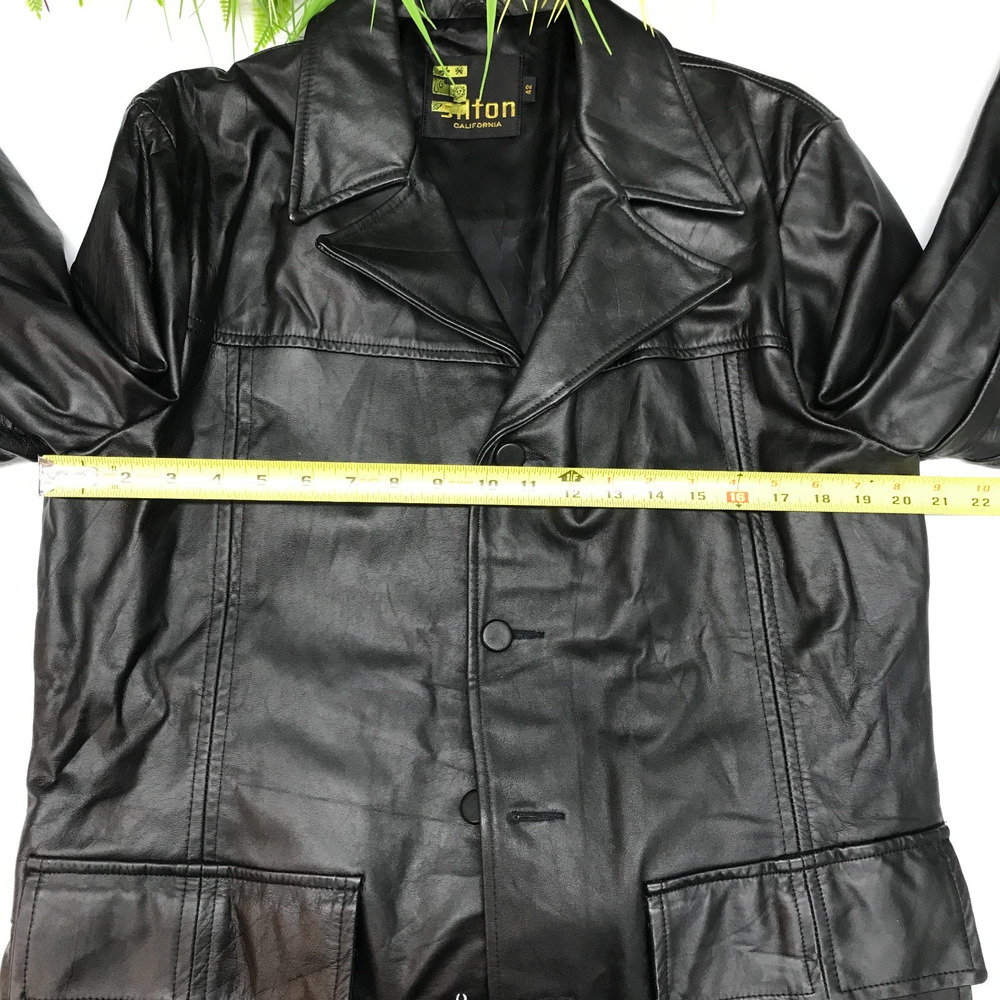 Sutton California Leather Jacket Mens 42 Black Car Coat Button Front Lined - Picture 3 of 16